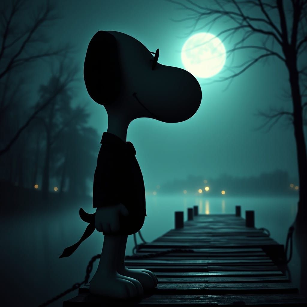 Snoopy as a Menacing Figure in a Moody, Moonlit Landscape
