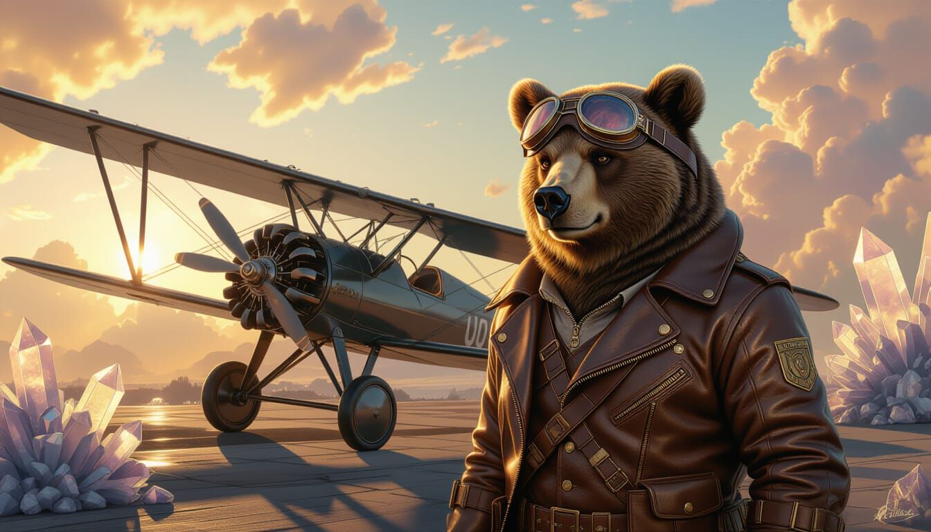 Steampunk Grizzly Bear Aviator Beside Biplane