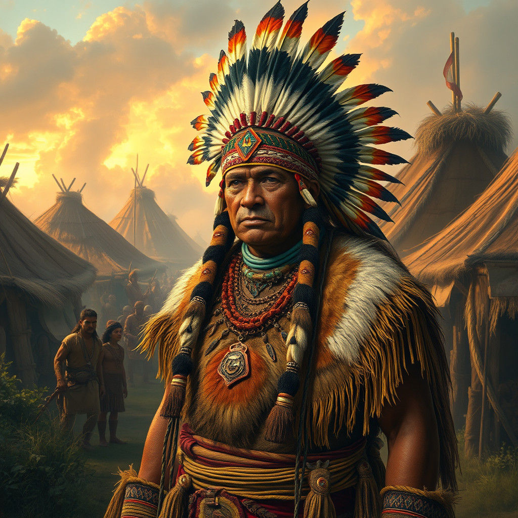 Regal Tribal Chieftain in Village, Historical Painting Style