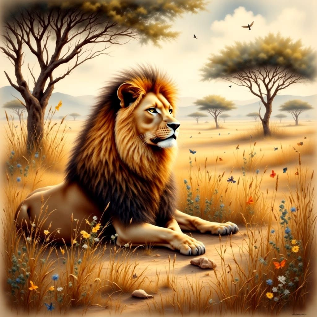 Regal Lion in Sun-Drenched Savanna Watercolor