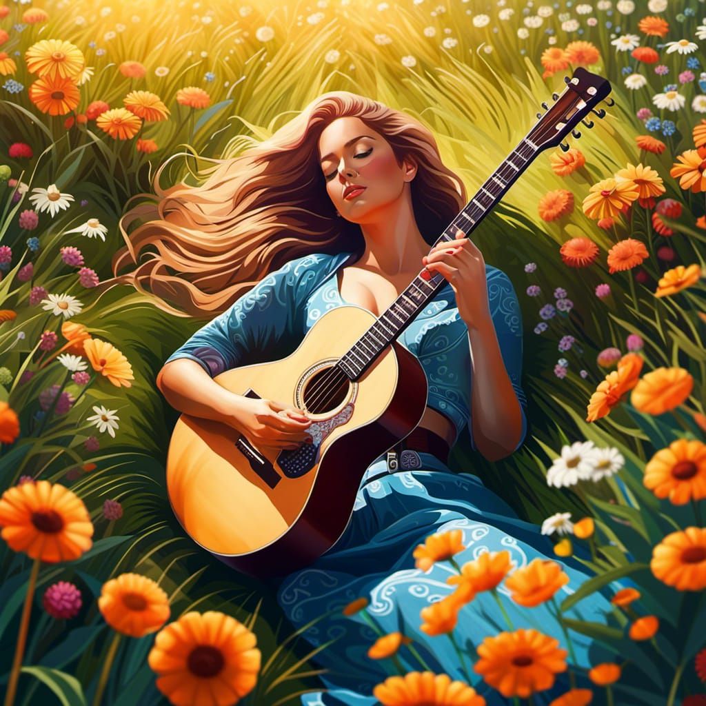 Folkpop woman laying down playing a guitar