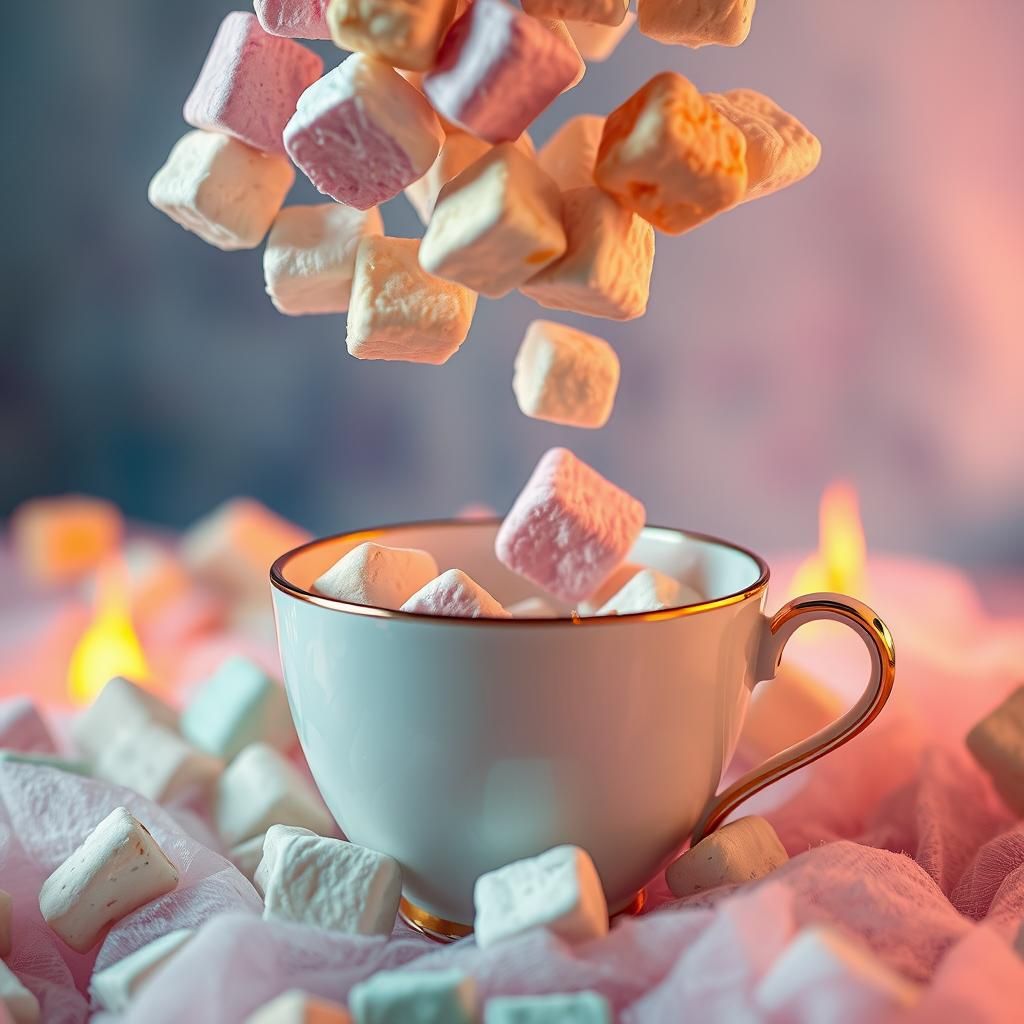Marshmallow Shower on Flaming Teacup: Surrealist Art