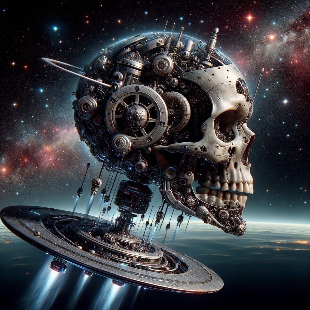 Mechanical Skull Repairs Spaceship in Cosmic Expanse