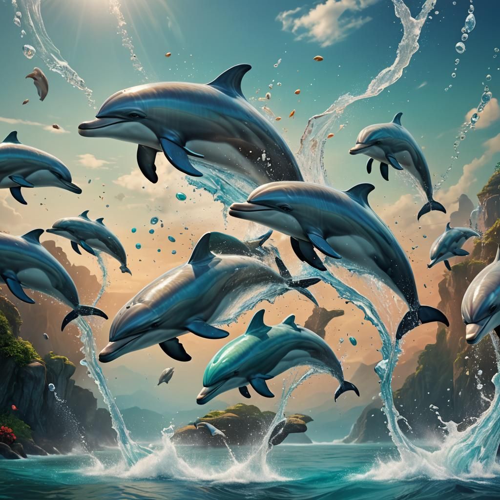 Dolphins Leaping from Crystal Waters: Fantasy Concept Art