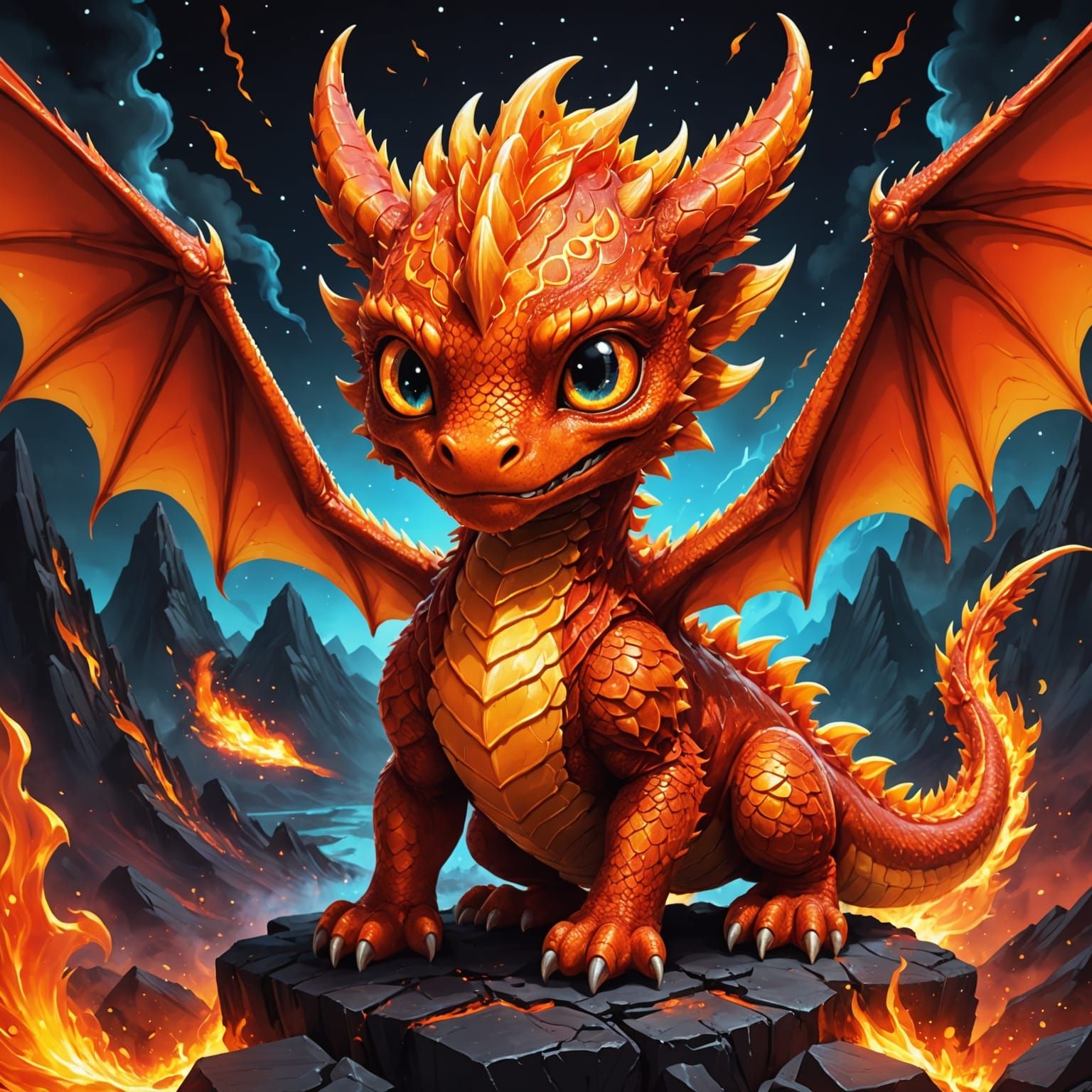 Chibi Fire Dragon with Volcanic Backdrop