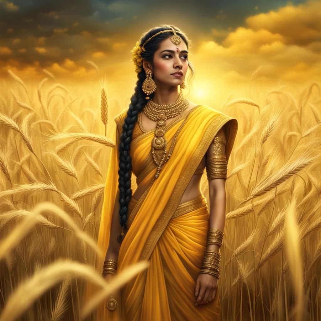 Goddess Sita in Golden Barley Field: Digital Painting