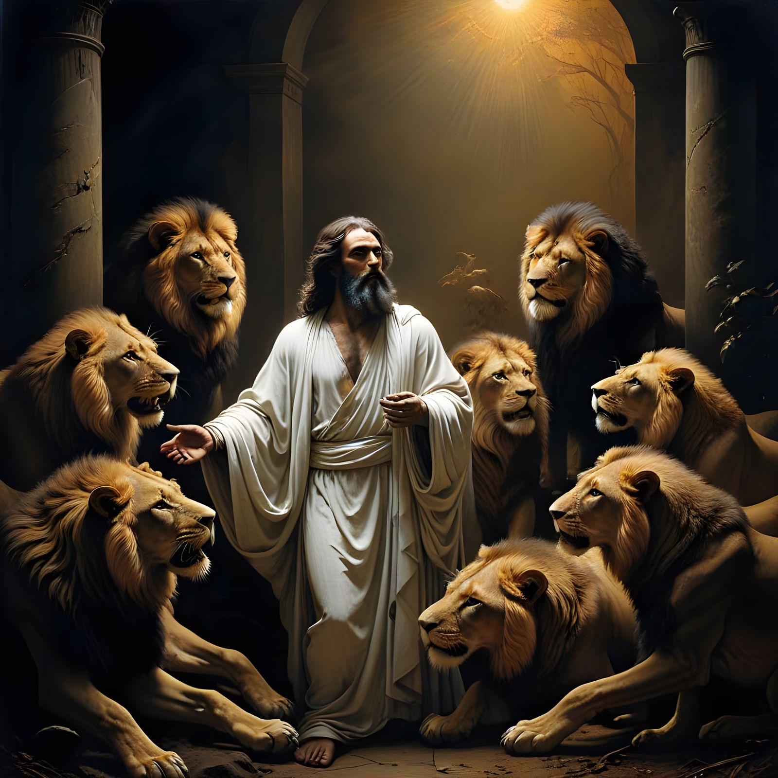 Regal Figure Surrounded by Majestic Lions in a Dramatic Scen...