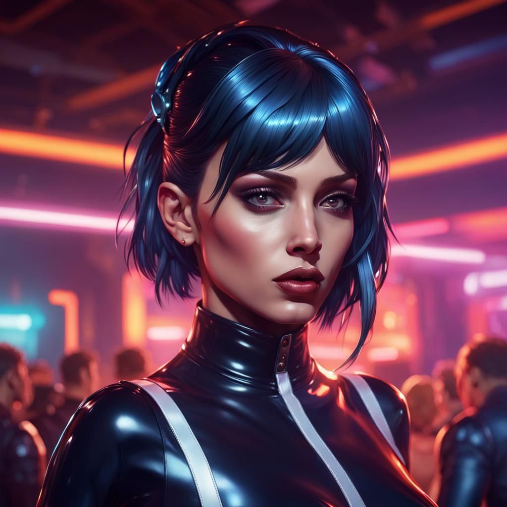 Latex Outfit Portrait in Dance Club, Hyperdetailed Art