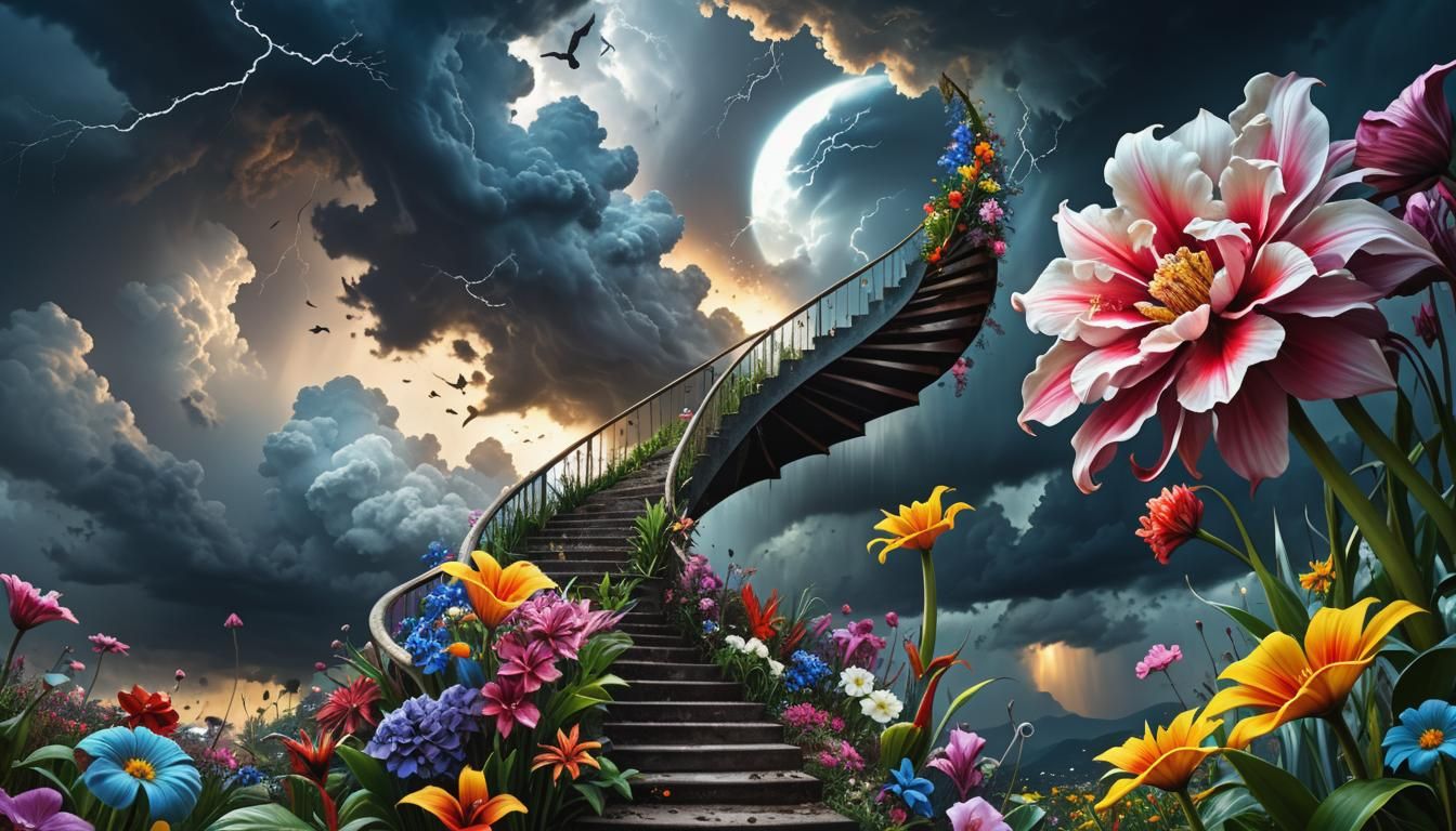Stairway to Tropical Flower Field, Hyperrealistic Art