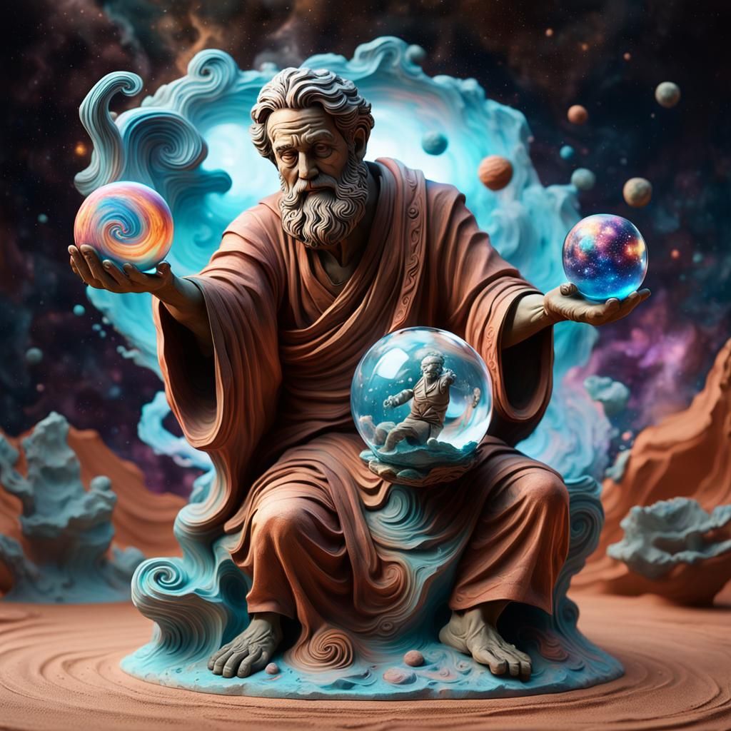 Clay Statue with Galaxy Sphere, Hyperrealistic Splash Art