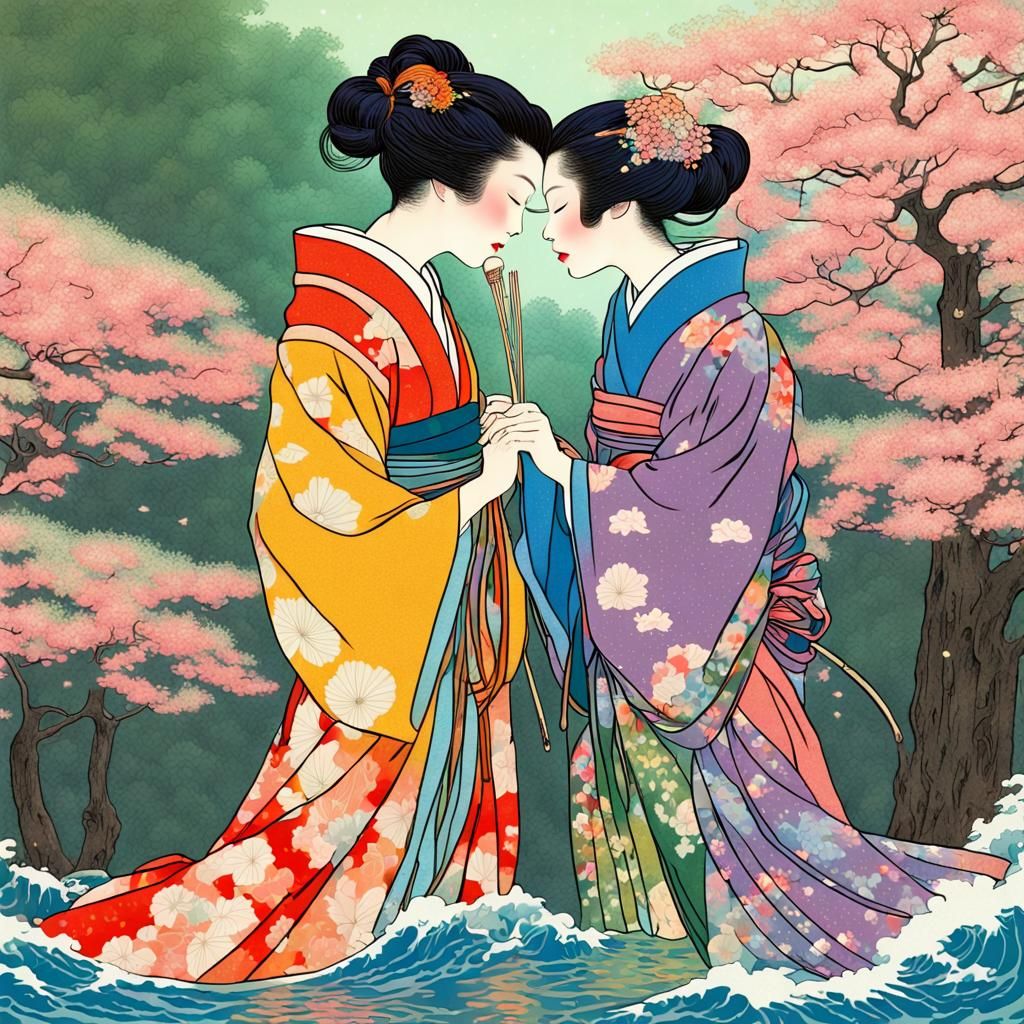Japanese Women Kissing in Rainbow Kimonos: Art Nouveau