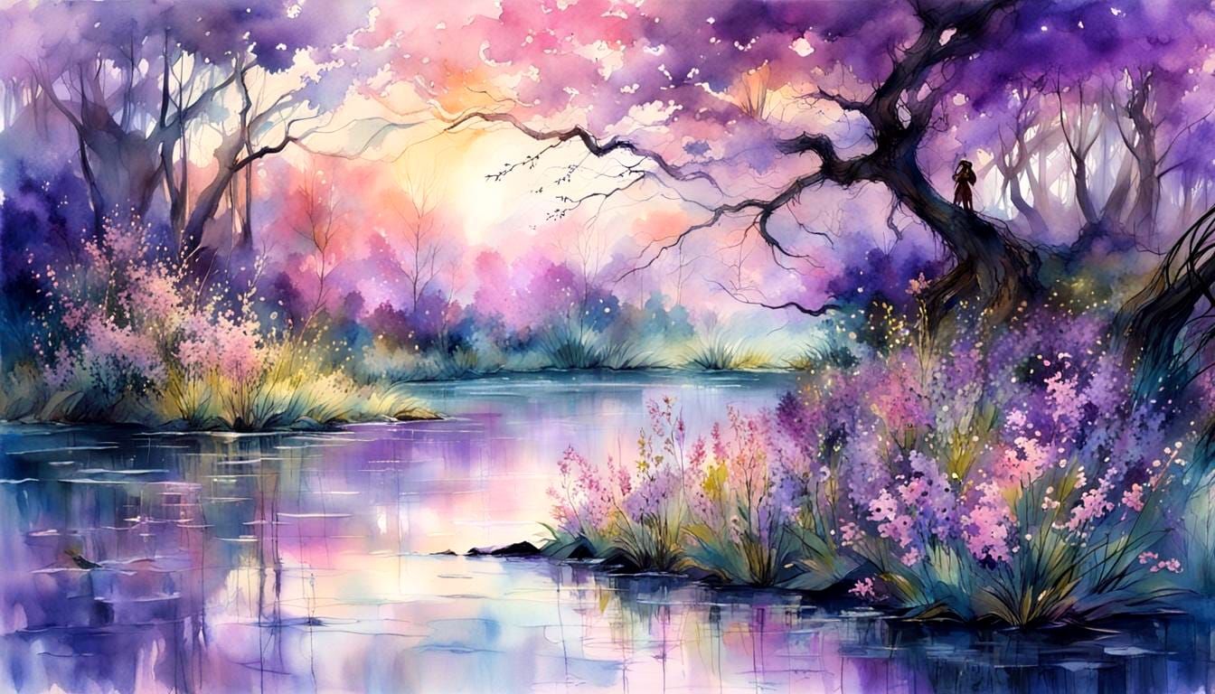 Ethereal Forest Glade: Shimmering Waters in Watercolor