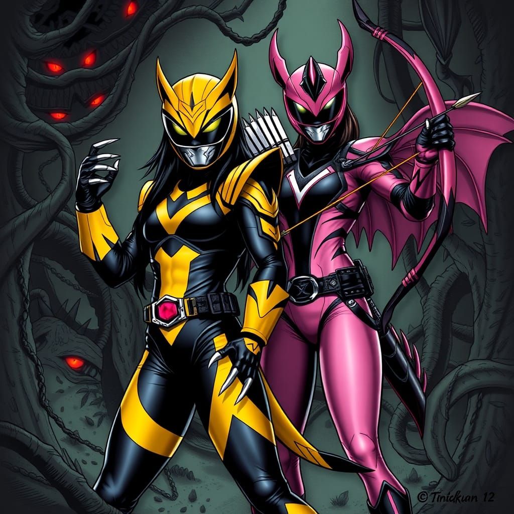 Trini Kwan as the evil Yellow Sabretooth tiger power Ranger Slayer With Kimberly as the pink evil power ranger pterodact...