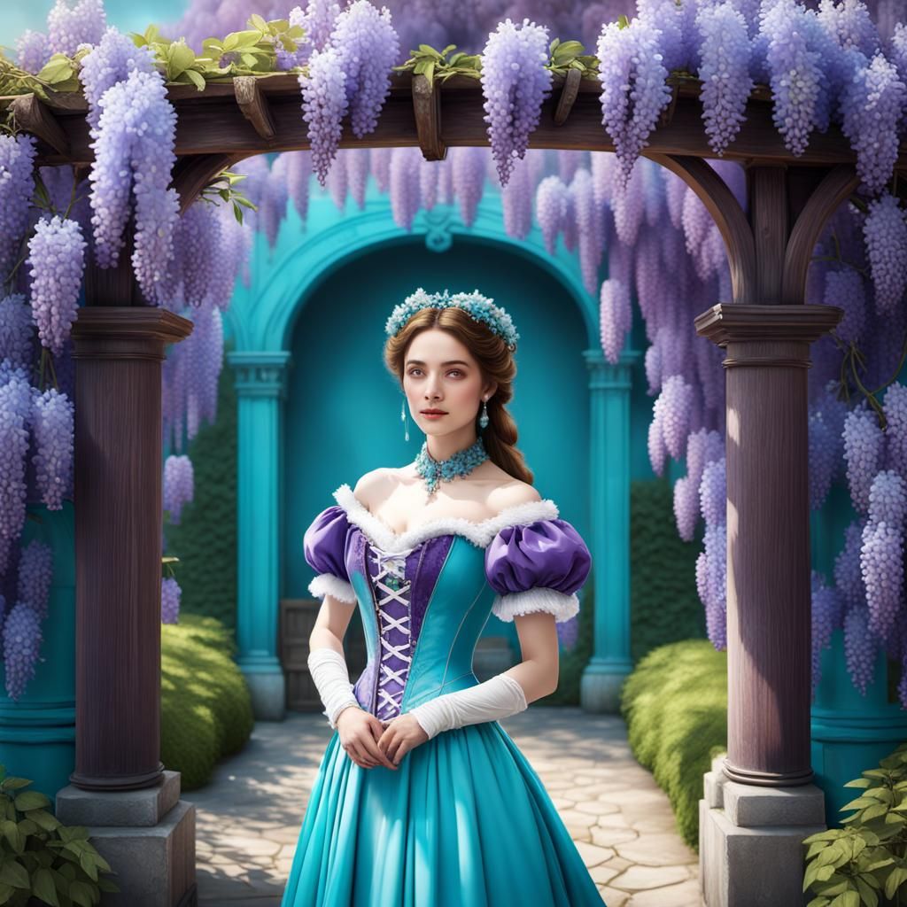 Woman with Fox Ears in Wisteria Garden