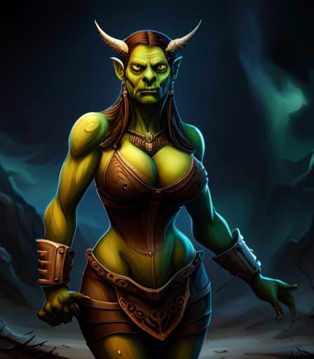 Armored Orc Woman Portrait in Underground Comix Style