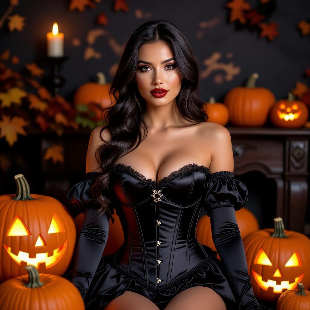 Halloween Woman in Satin Corset by Pumpkins