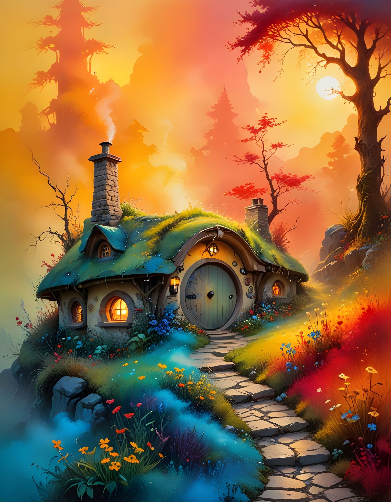 Whimsical Hobbit House in Enchanted Hillside Scene