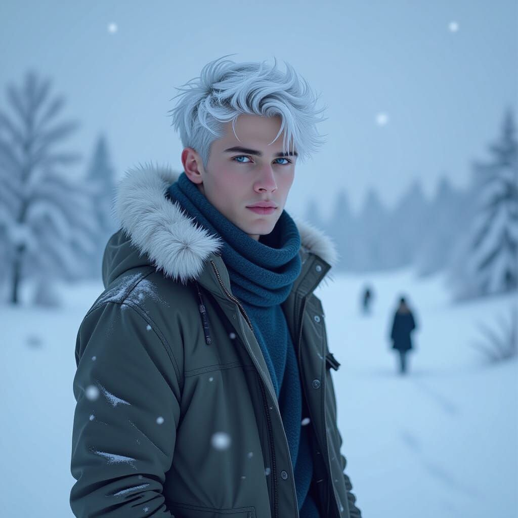 Icy Youth in Winter Landscape, Digital Painting Style