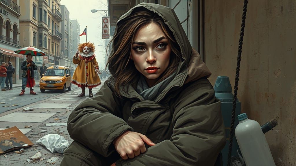 Bundled Young Woman Ignores Urban Entertainers