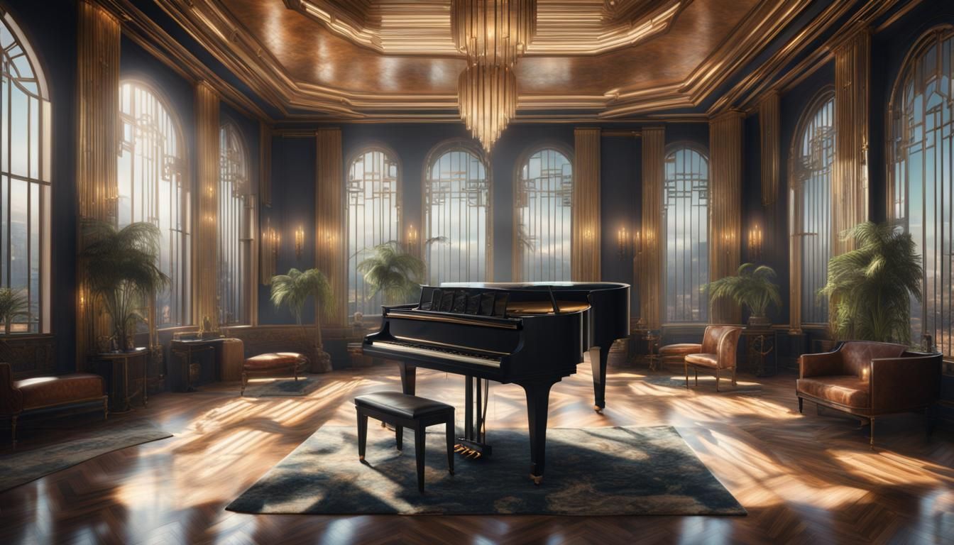 Art Deco Piano Room with Large Windows