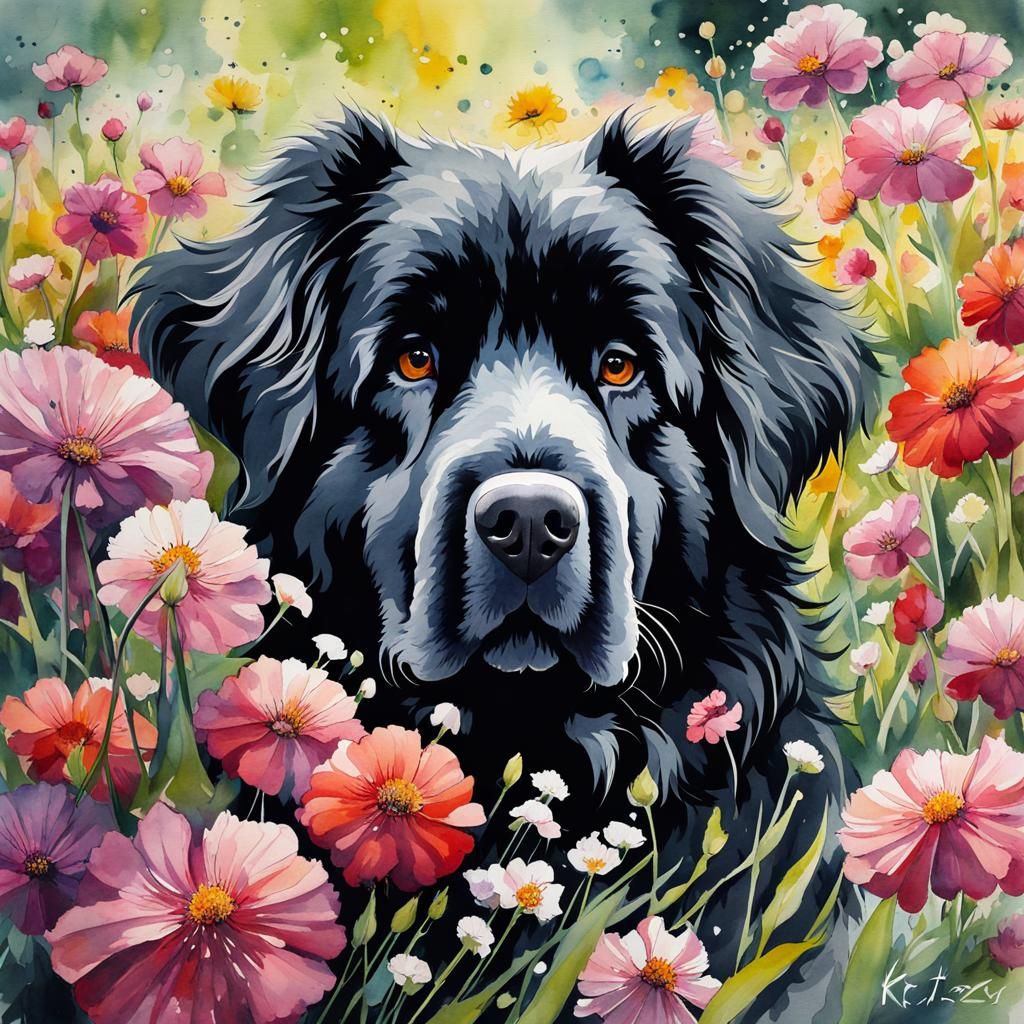 Newfoundland dog in flowers