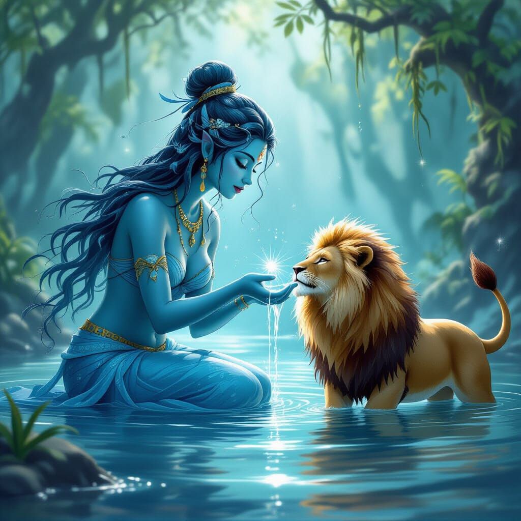 Mythological Water Spirit Playing With Girl and Lion