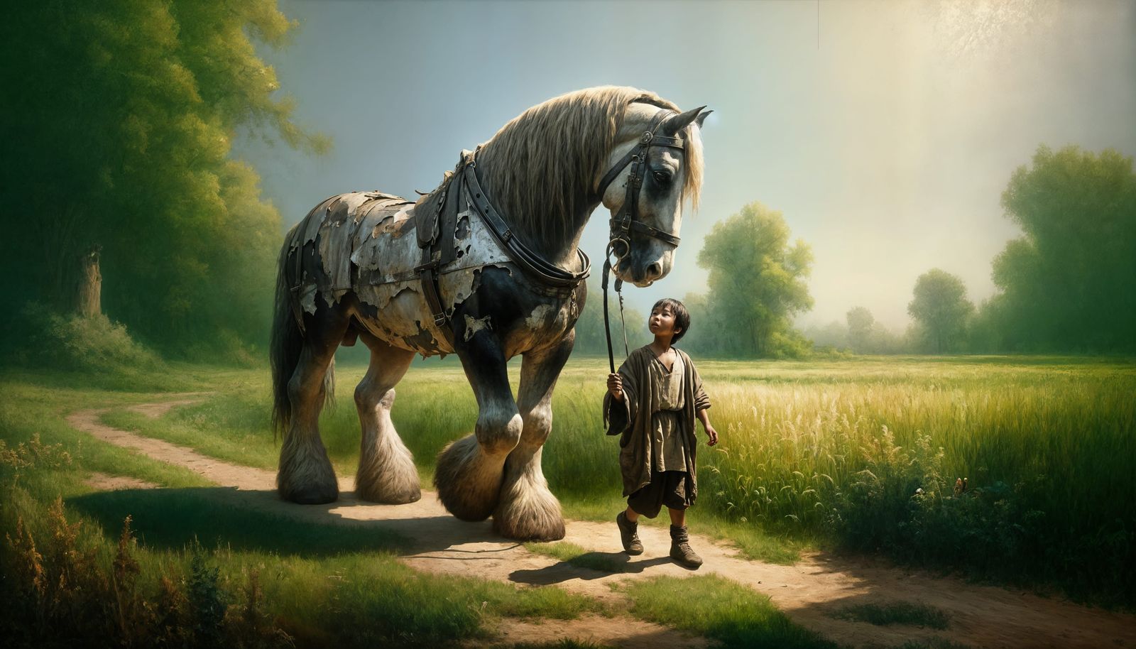 Young Girl Rides Majestic Clydesdale Horse in Sunlit Meadow