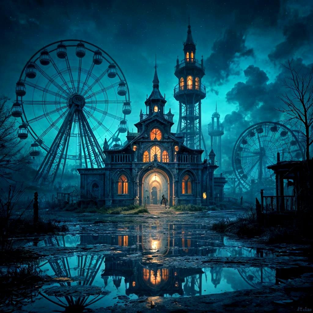Abandoned Amusement Park Villain Lair at Night