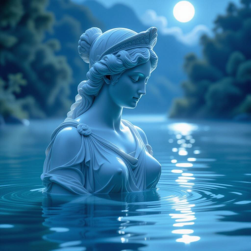Elegant Water Sculpture of Roman Woman in Moonlight