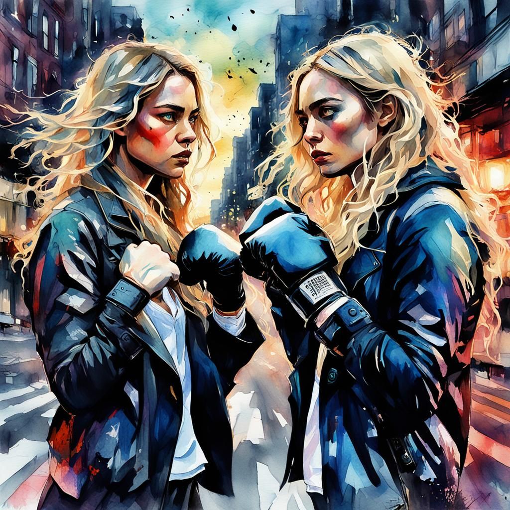 Girls Boxing: Digital Watercolor Detective Illustration