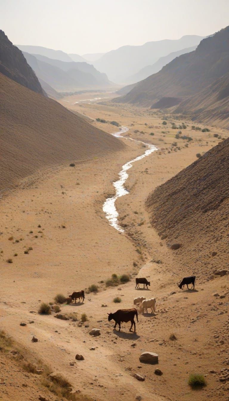 Cattle Grazing in Arid Valley on Hot Summer Day
