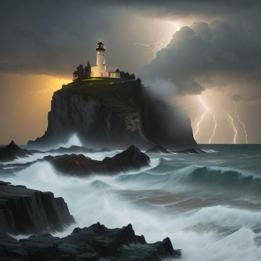 Lighthouse in Stormy Seas: A Romanticism Oil Painting
