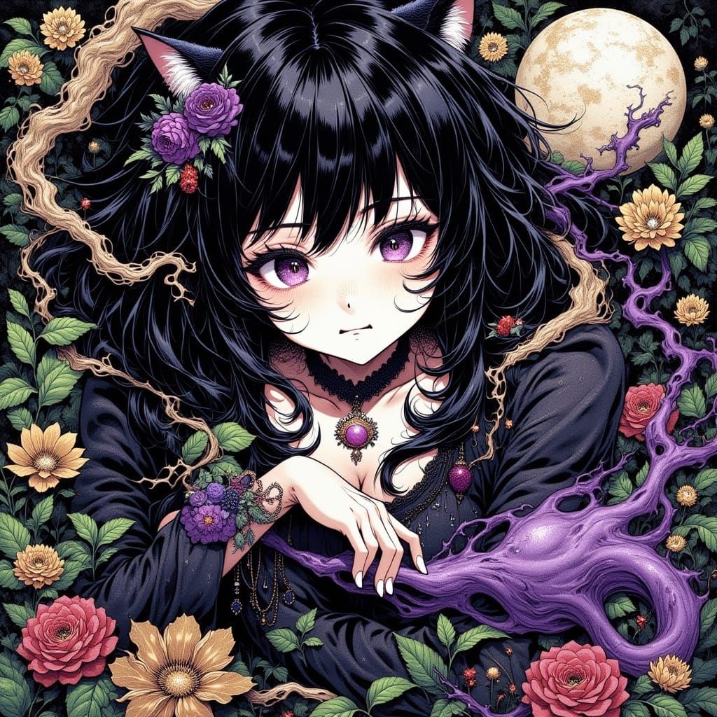 80s Anime Woman in Vanta Black and Jewel Tones