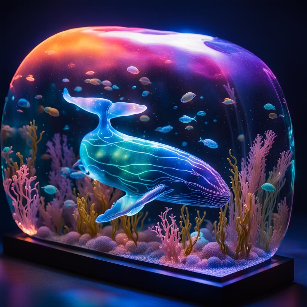 Glowing Glass Whale Swims in Oceanic Dreamscape