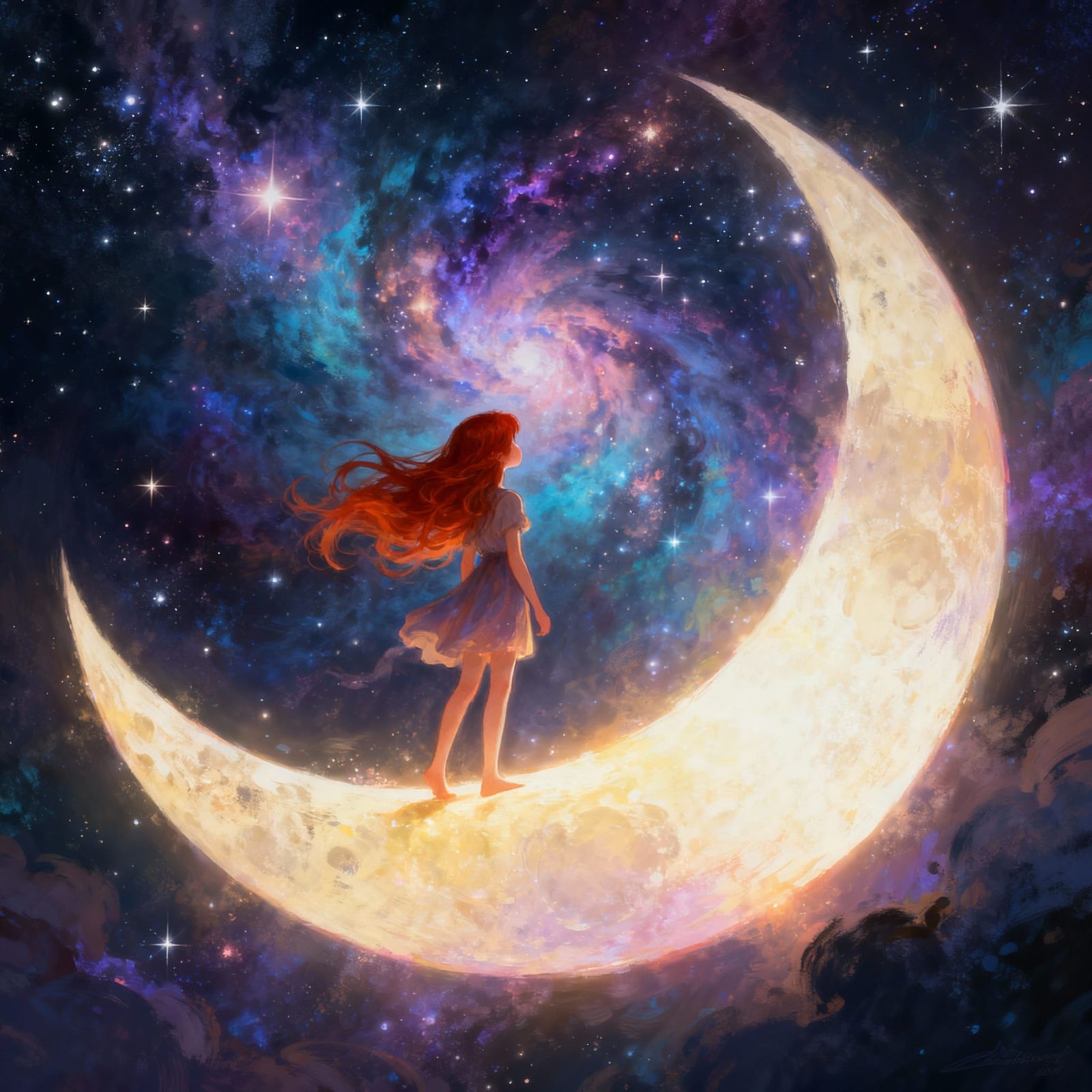 A girl standing on a crescent moon