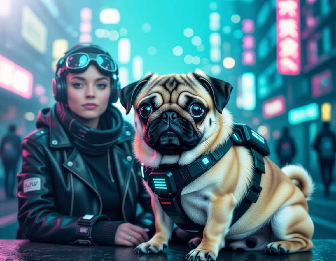 Cyberpunk Pug and Humanoid Figure