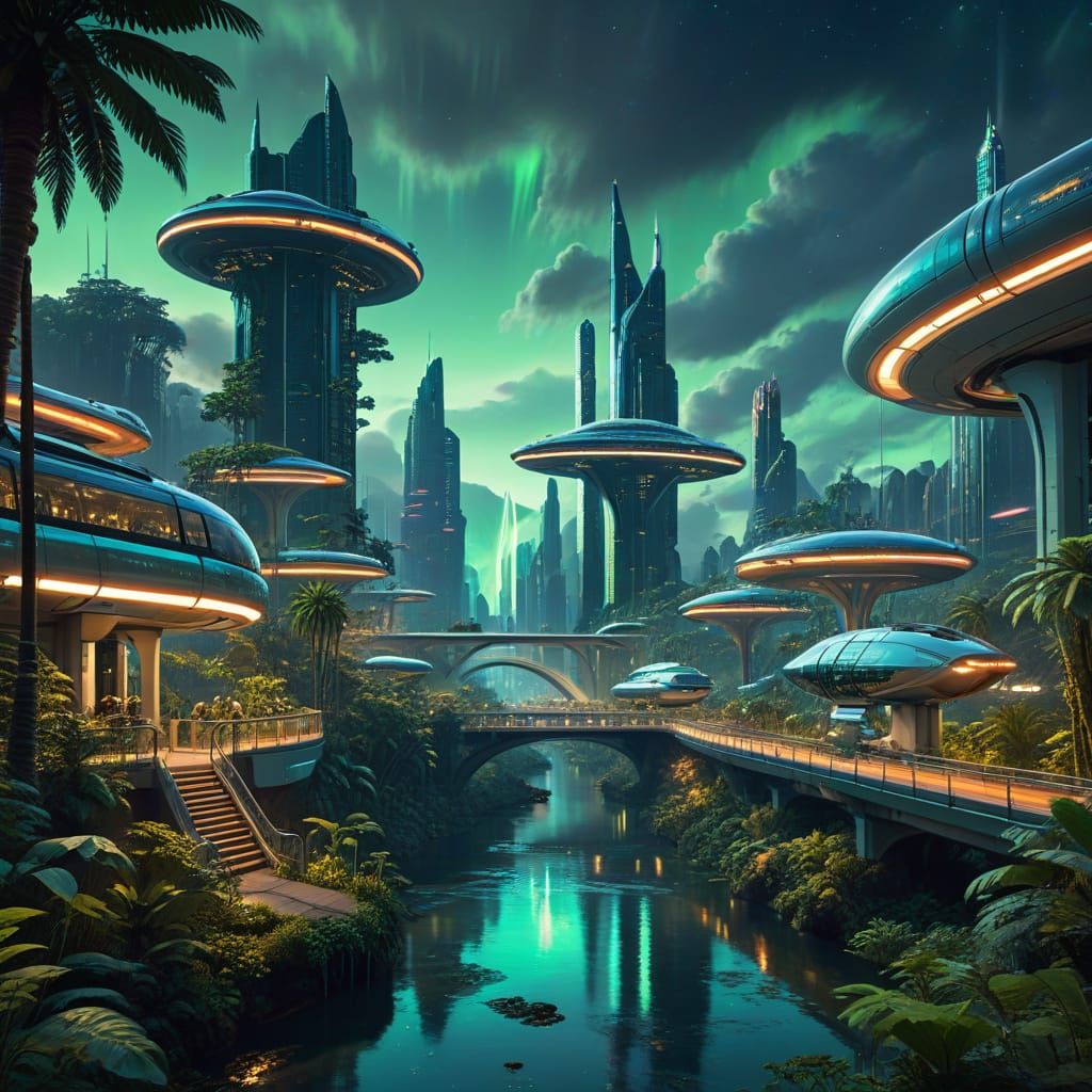Retrofuturistic City in Lush Jungle with Aurora