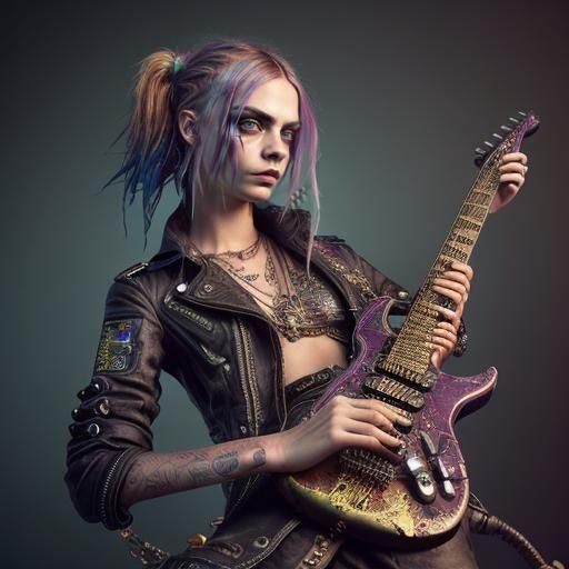 Steampunk Woman Plays Electric Guitar in Hyperdetailed Art