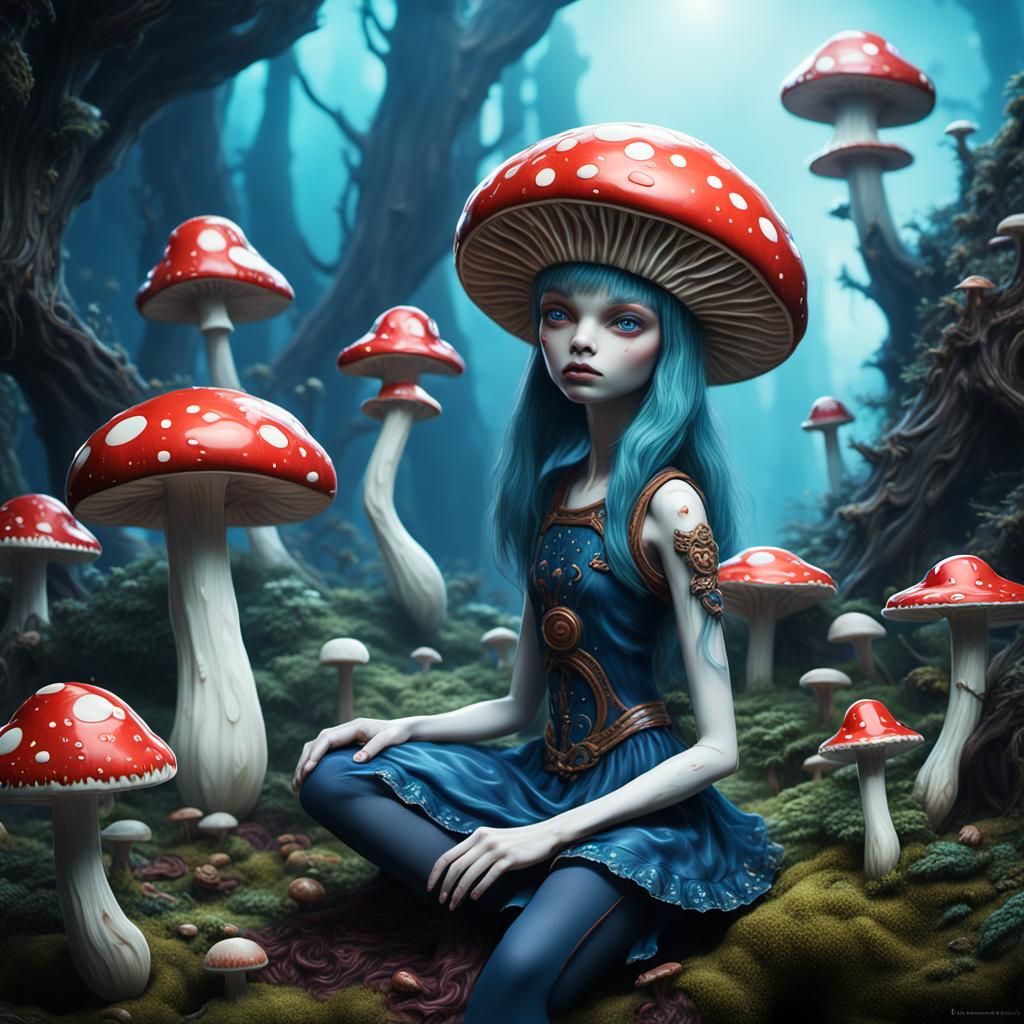 Extraterrestrial Mushroom Porcelain Doll in Detailed Digital...