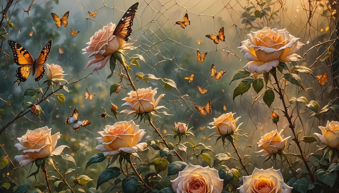 Dewy Roses and Butterflies in Golden Light