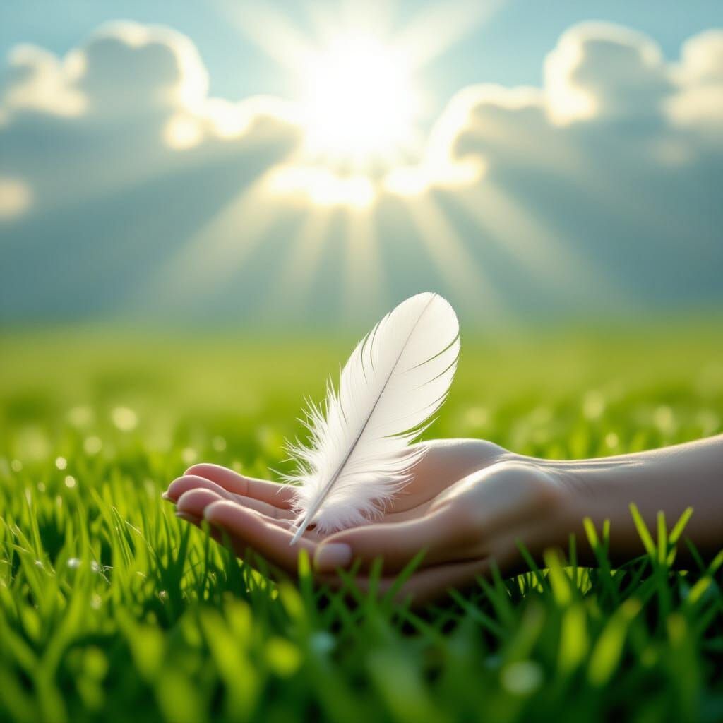 White Dove Feather Rests on Green Grass in Divine Light
