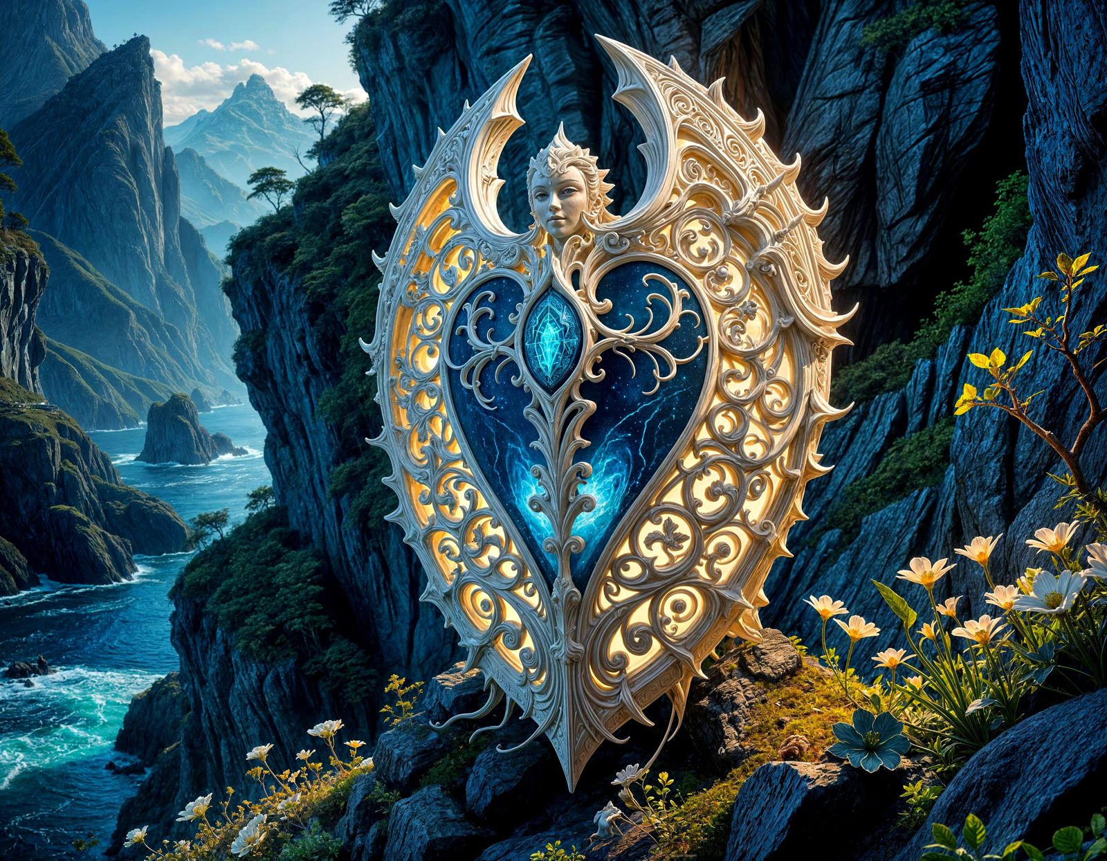 Mystic Bioluminescent Shield of Eternity in Nordic Landscape