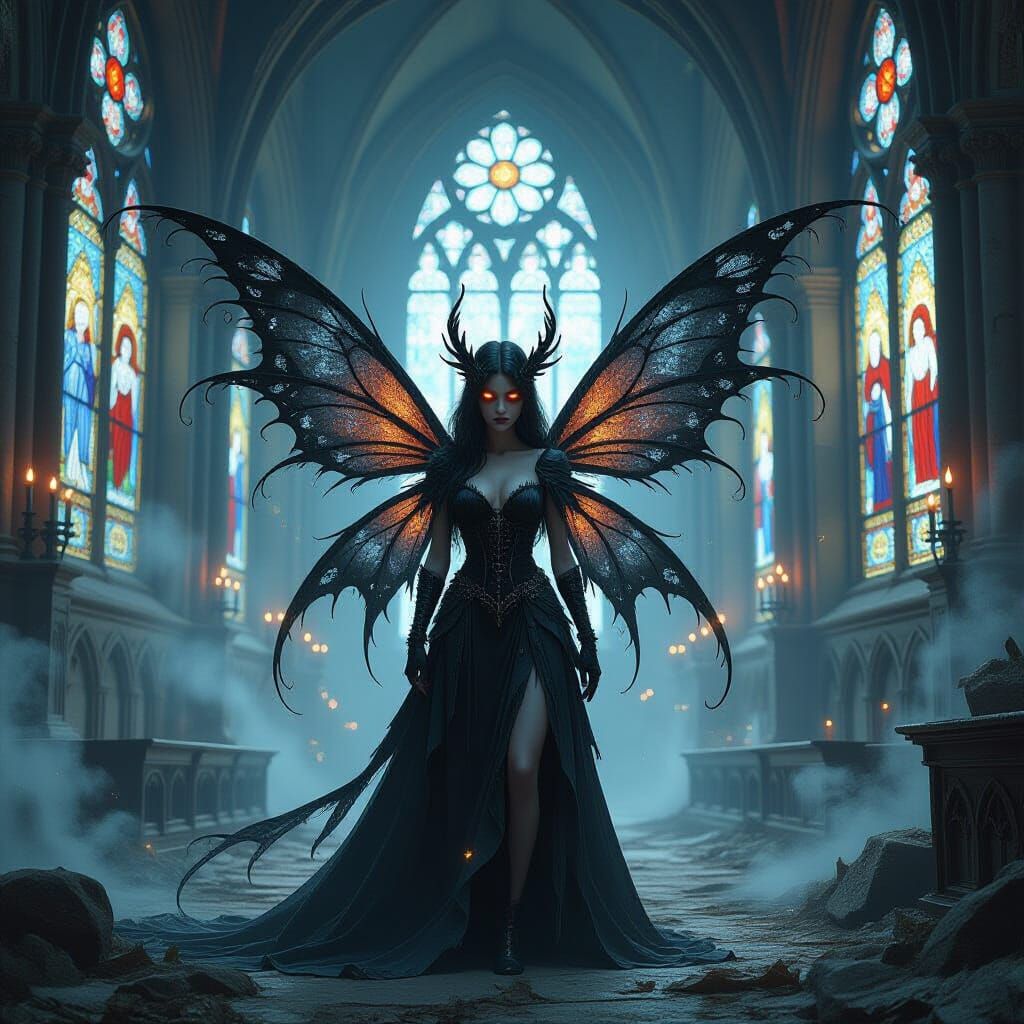 Dark Fairy in Gothic Cathedral, Dark Fantasy Art