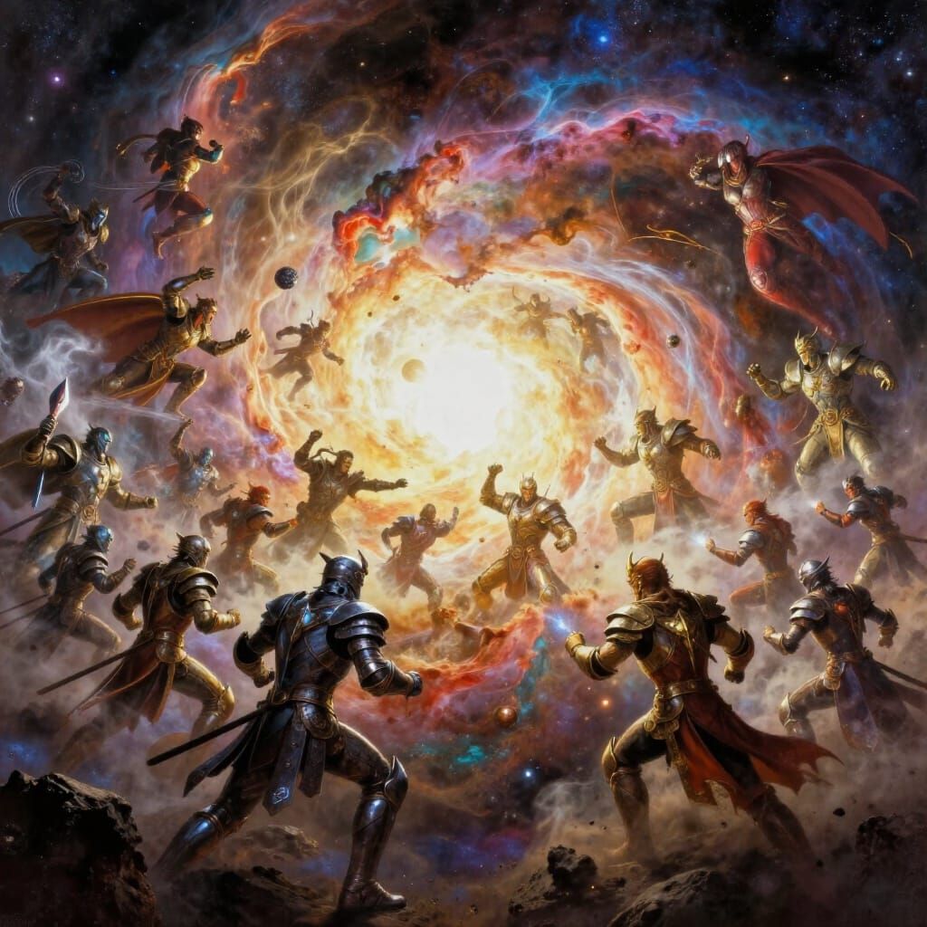 Cosmic Battle of Celestial Beings in Grand Concept Art Style