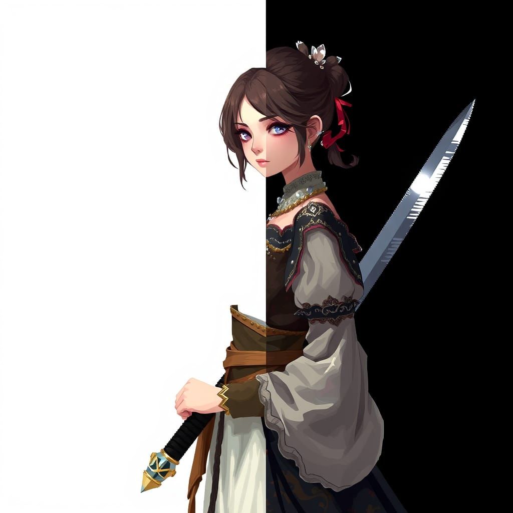 Elegant Girl with Sword in Glitch Art Style