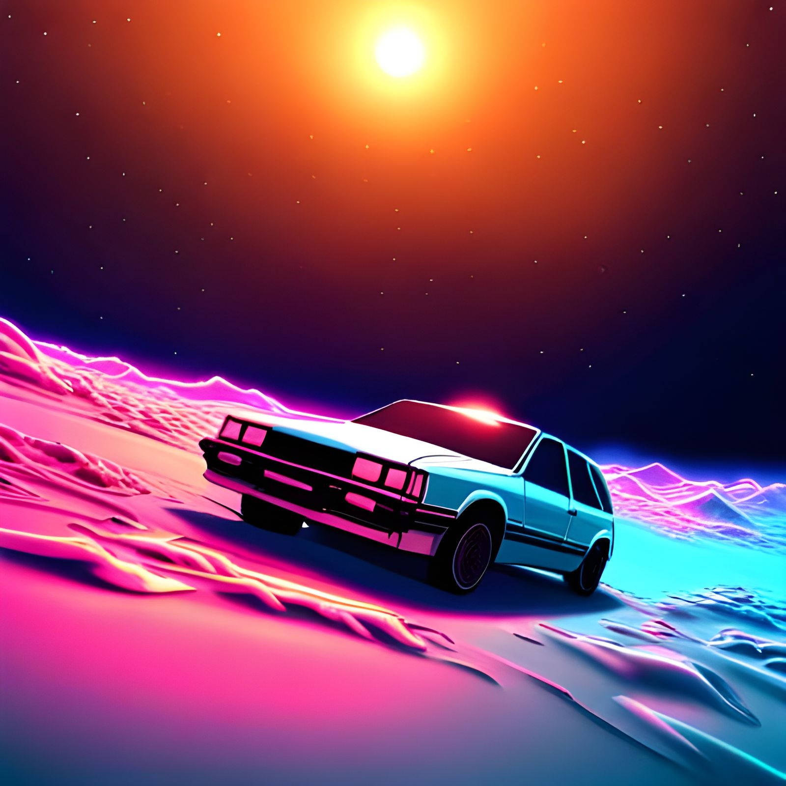 Cosmic Car in Space, Synthwave Fantasy Art