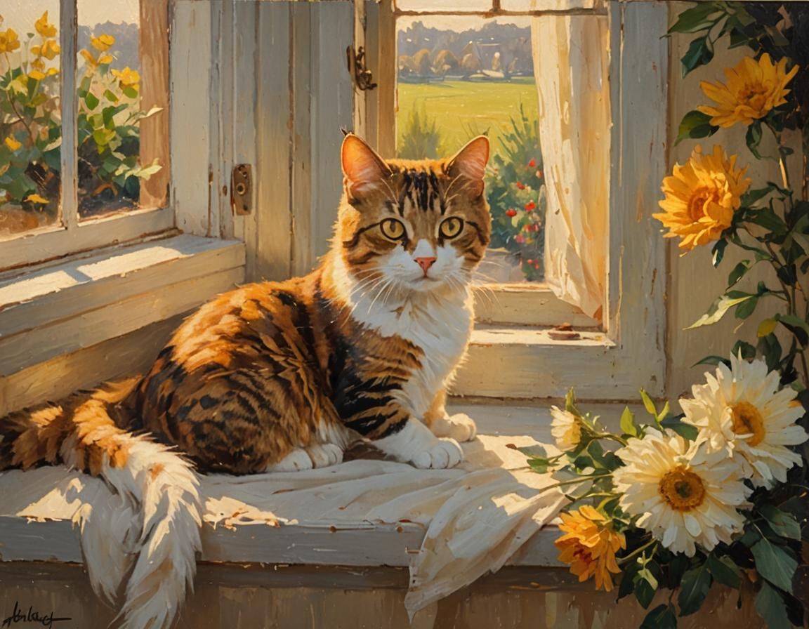 Cat on Windowsill: Impressionist Oil Painting