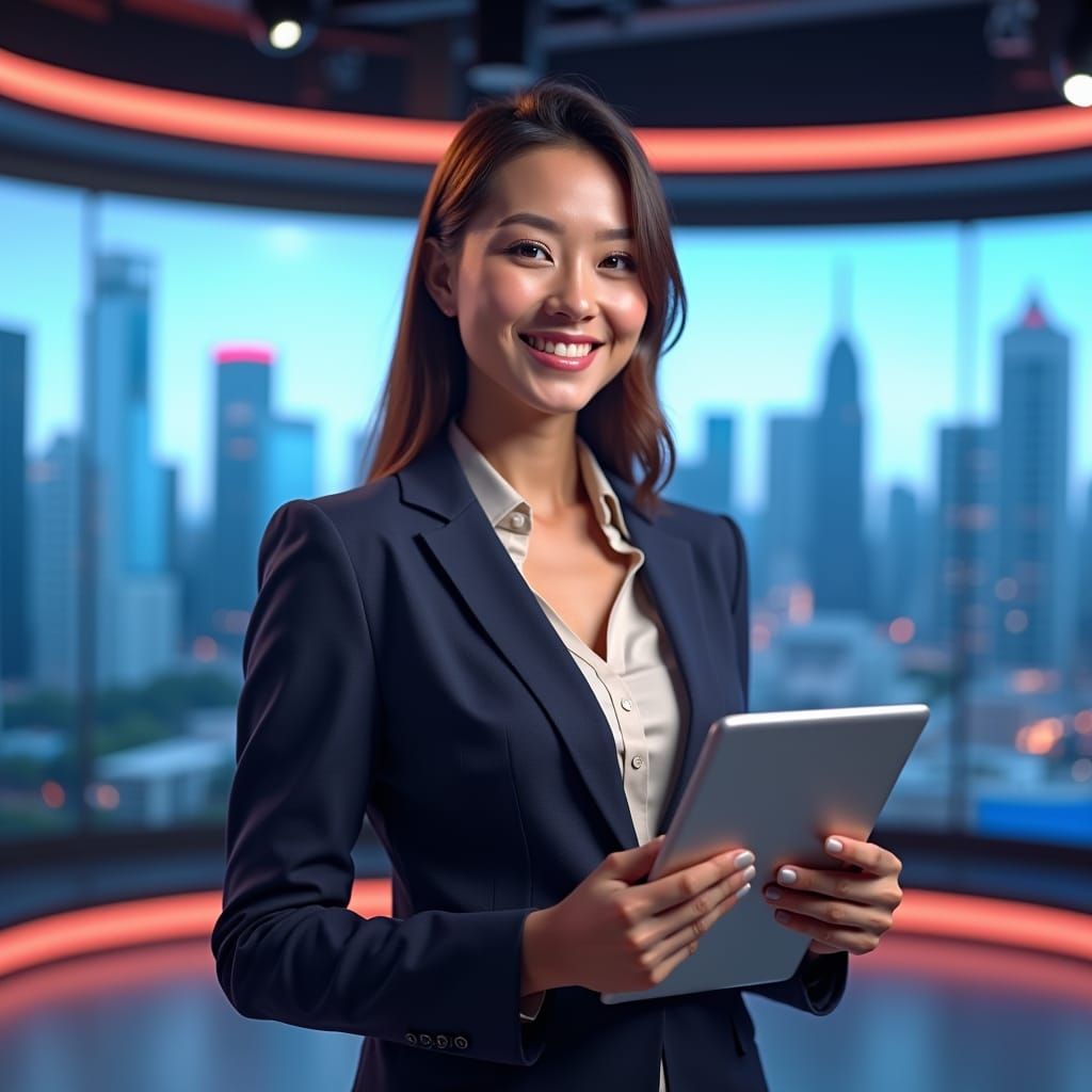 Smiling News Anchor in Futuristic Studio, Photorealistic Sty...