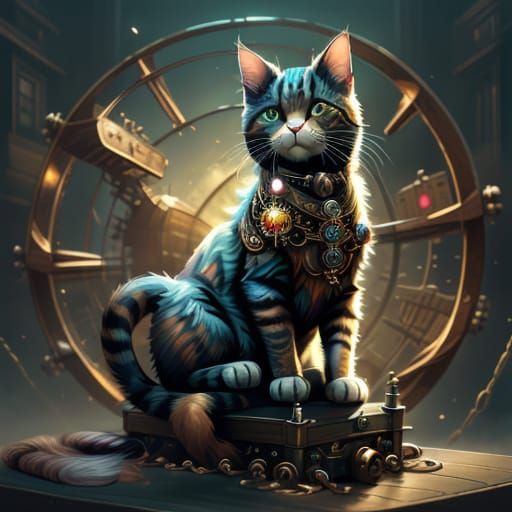 Steampunk Cat on Mechanical Wheel in Golden Hour