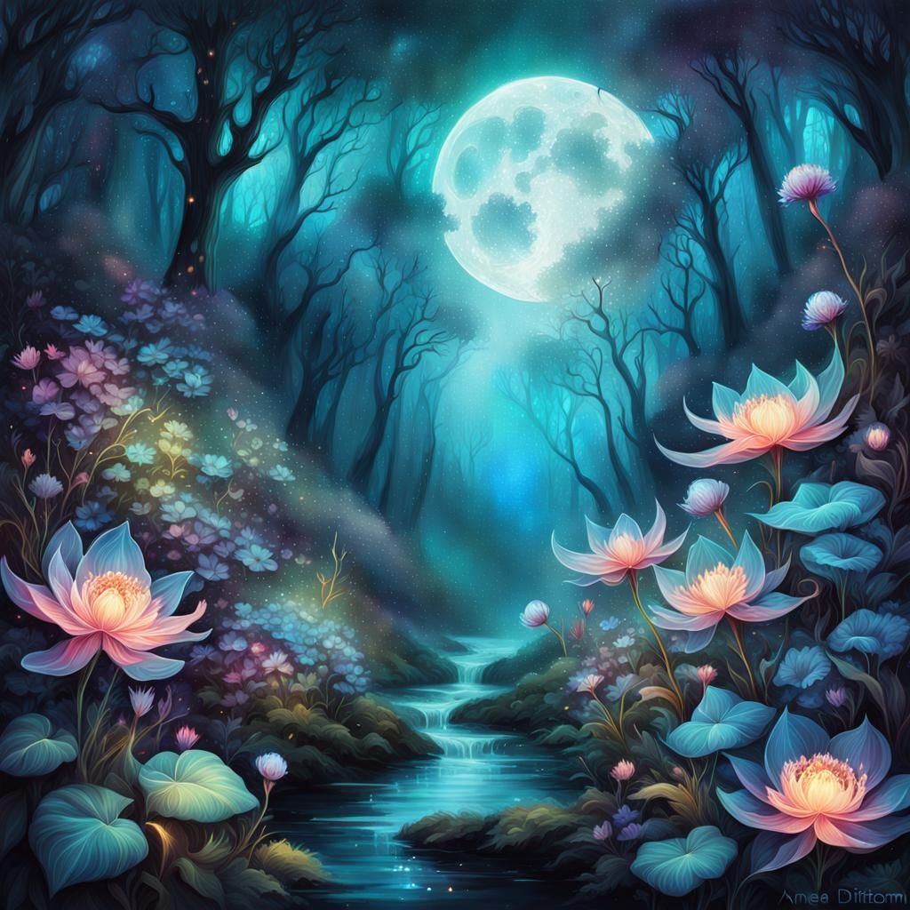 Bioluminescent Flowers in Forest, Anime Style